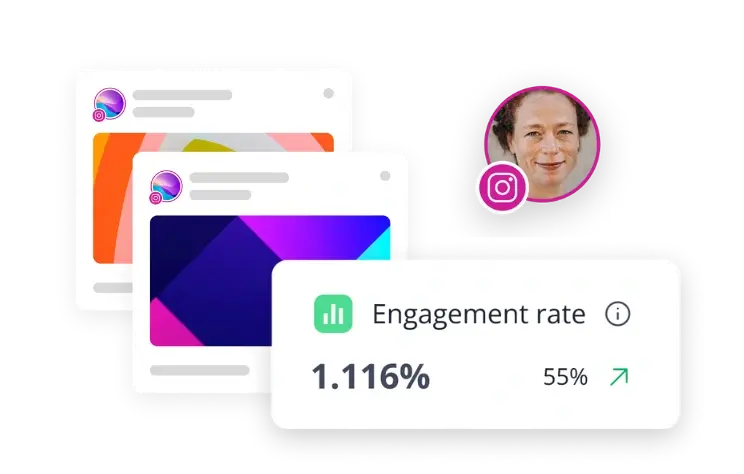 SocialBee’s free Instagram engagement rate calculator showing post previews and a sample engagement rate of 1.116%.