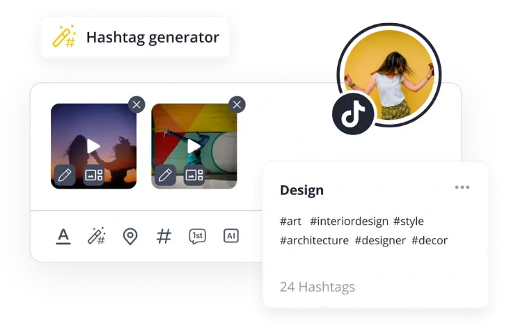 SocialBee’s free TikTok hashtag generator showing media uploads with a saved hashtag collection titled ‘Design,’ including tags like #art, #interiordesign, and #style.