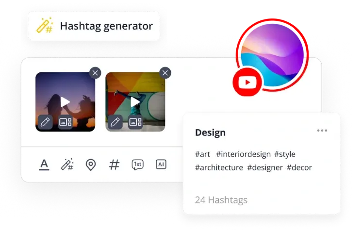 SocialBee’s free YouTube hashtag generator showing media uploads with a saved hashtag collection titled ‘Design,’ including tags like #art, #interiordesign, and #style.