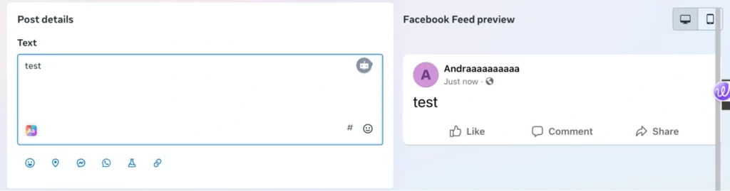 Meta Business Suite post creation screen showing a text box with the word “test,” Facebook feed preview on the right, and post customization icons below.