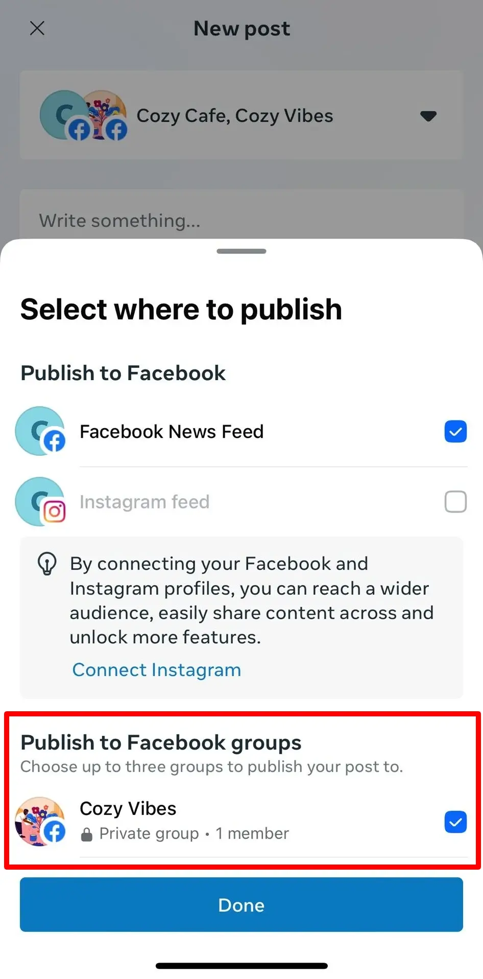 Facebook Business Suite mobile app showing publishing options, with the option to post to a private Facebook group named Cozy Vibes highlighted.