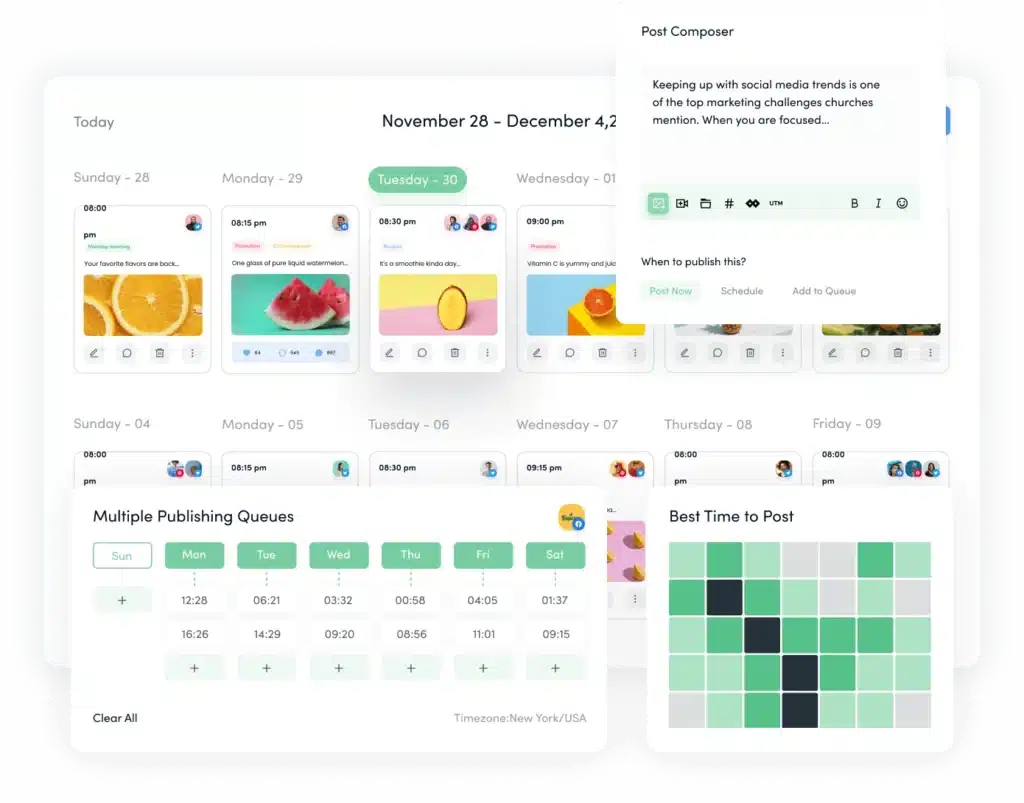 ContentStudio dashboard showing a visual weekly calendar of scheduled social media posts with images and times, a post composer window, best times to post heatmap, and multiple publishing queue settings by weekday.