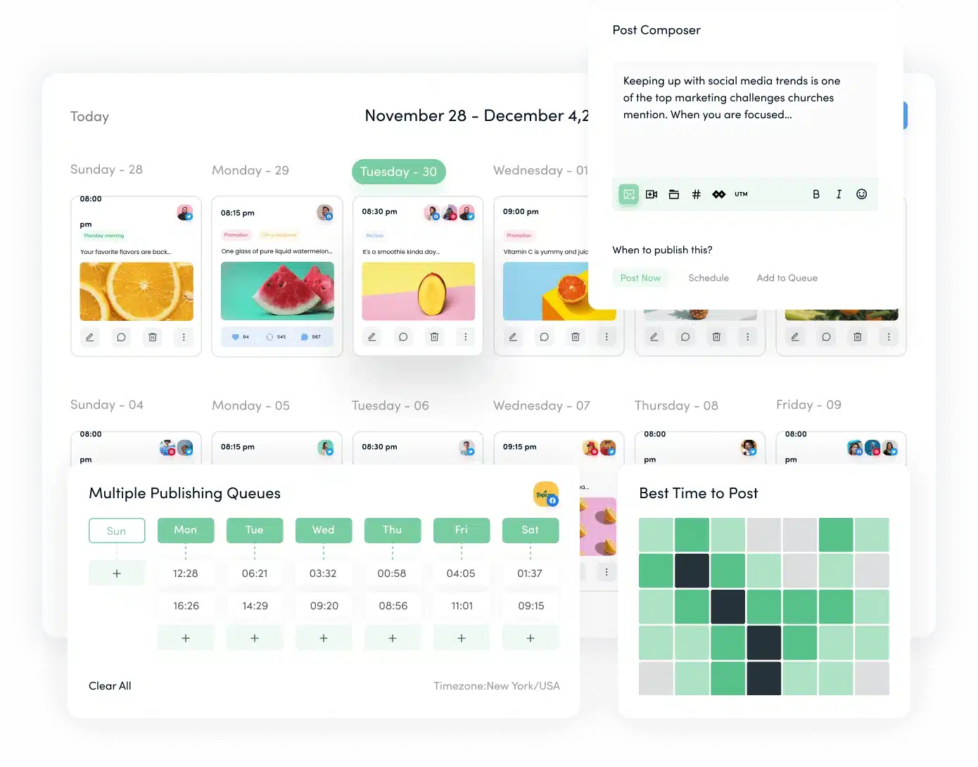ContentStudio dashboard showing a visual weekly calendar of scheduled social media posts with images and times, a post composer window, best times to post heatmap, and multiple publishing queue settings by weekday.