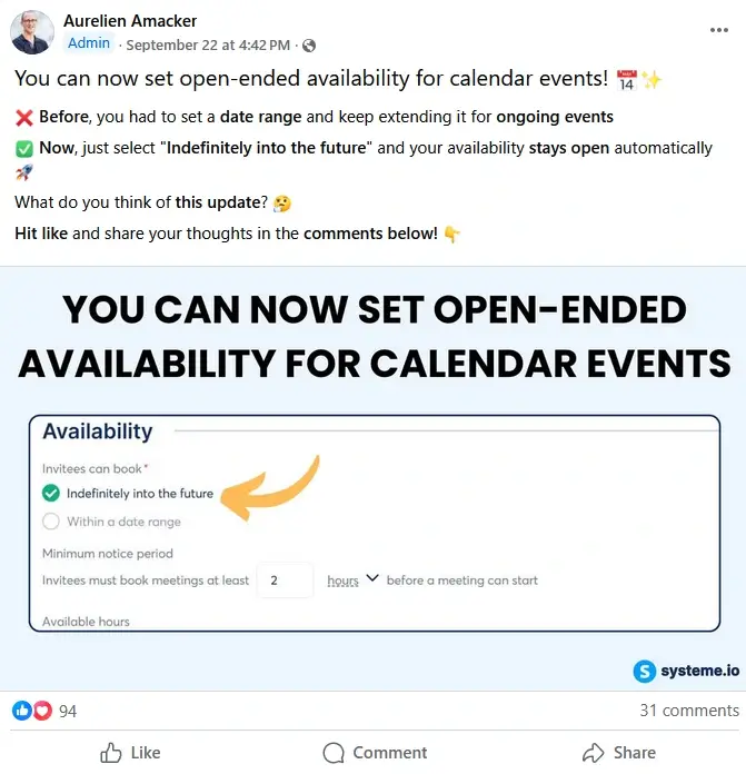 Facebook post announcing systeme.io’s new feature that lets users set open-ended availability for calendar events with the option “Indefinitely into the future.”