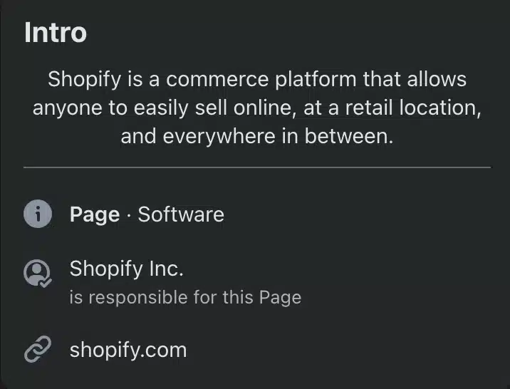 Facebook page intro section for Shopify, describing it as a commerce platform for selling online and in retail, with shopify.com link.