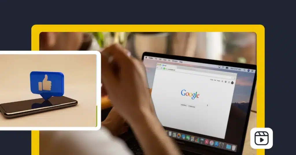 Split image showing a smartphone with a Facebook like icon and a laptop screen with Google search open, representing social media and search engine optimization.
