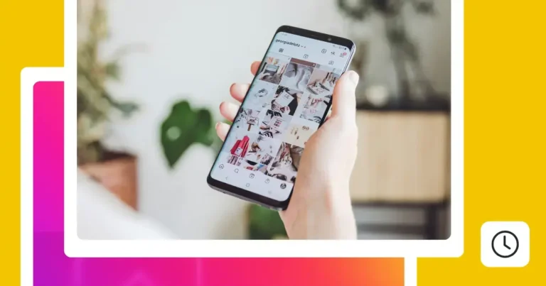Person holding a smartphone displaying an Instagram profile grid with lifestyle and product photos, against a blurred indoor background with plants and furniture. The image has a colorful Instagram-themed frame with yellow, pink, and purple accents.