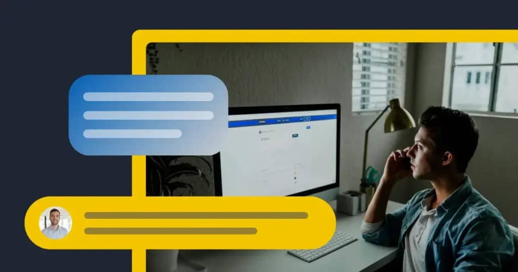 Man sitting at a desk using a desktop computer and phone, with illustrated chat bubbles overlaid, representing communication or scheduling posts in Facebook groups.