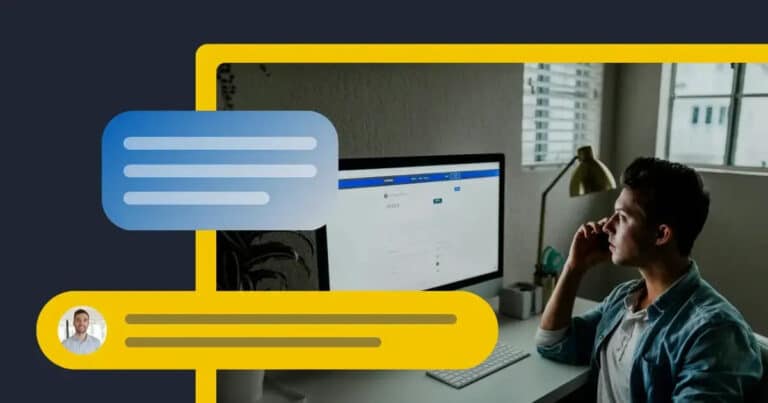 Man sitting at a desk using a desktop computer and phone, with illustrated chat bubbles overlaid, representing communication or scheduling posts in Facebook groups.