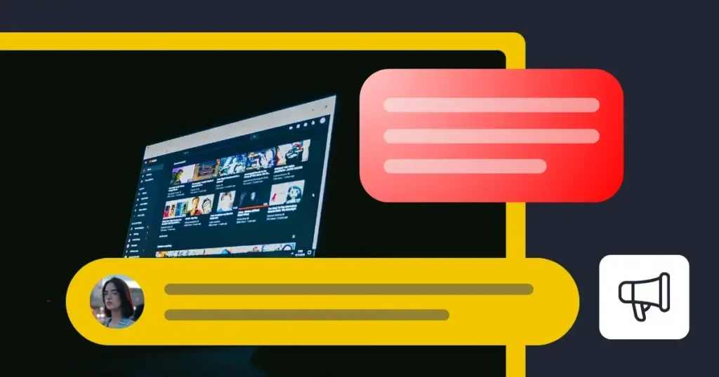 YouTube homepage interface on a desktop screen with graphic overlays representing user engagement, including a red comment bubble, a yellow profile bar, and a megaphone icon for content promotion.