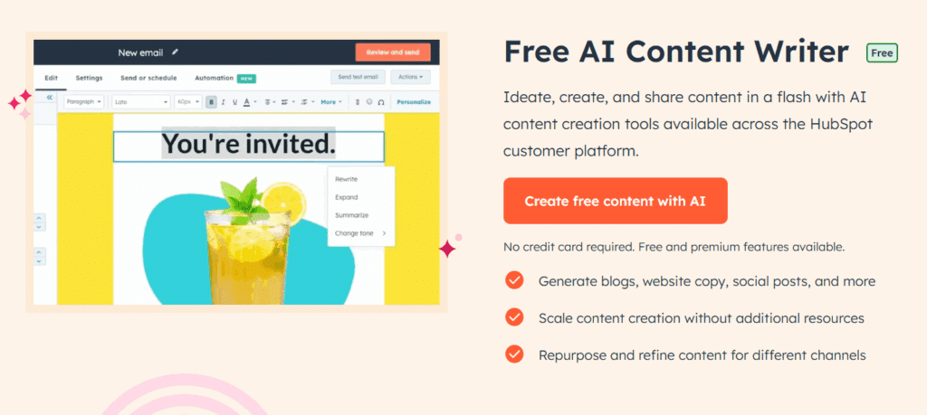 HubSpot Free AI Content Writer tool showing email editor with options to rewrite, expand, summarize, and change tone, alongside benefits like generating blogs, scaling content, and repurposing for different channels.