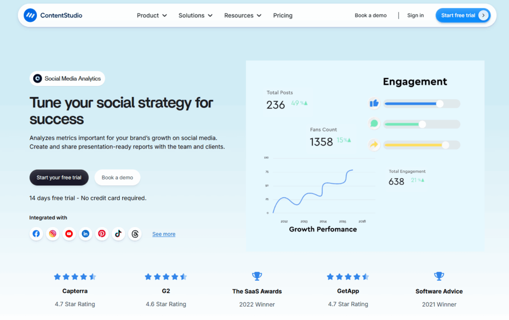 ContentStudio landing page showcasing multi-platform social media analytics, including growth performance, engagement metrics, total posts, and reviews.