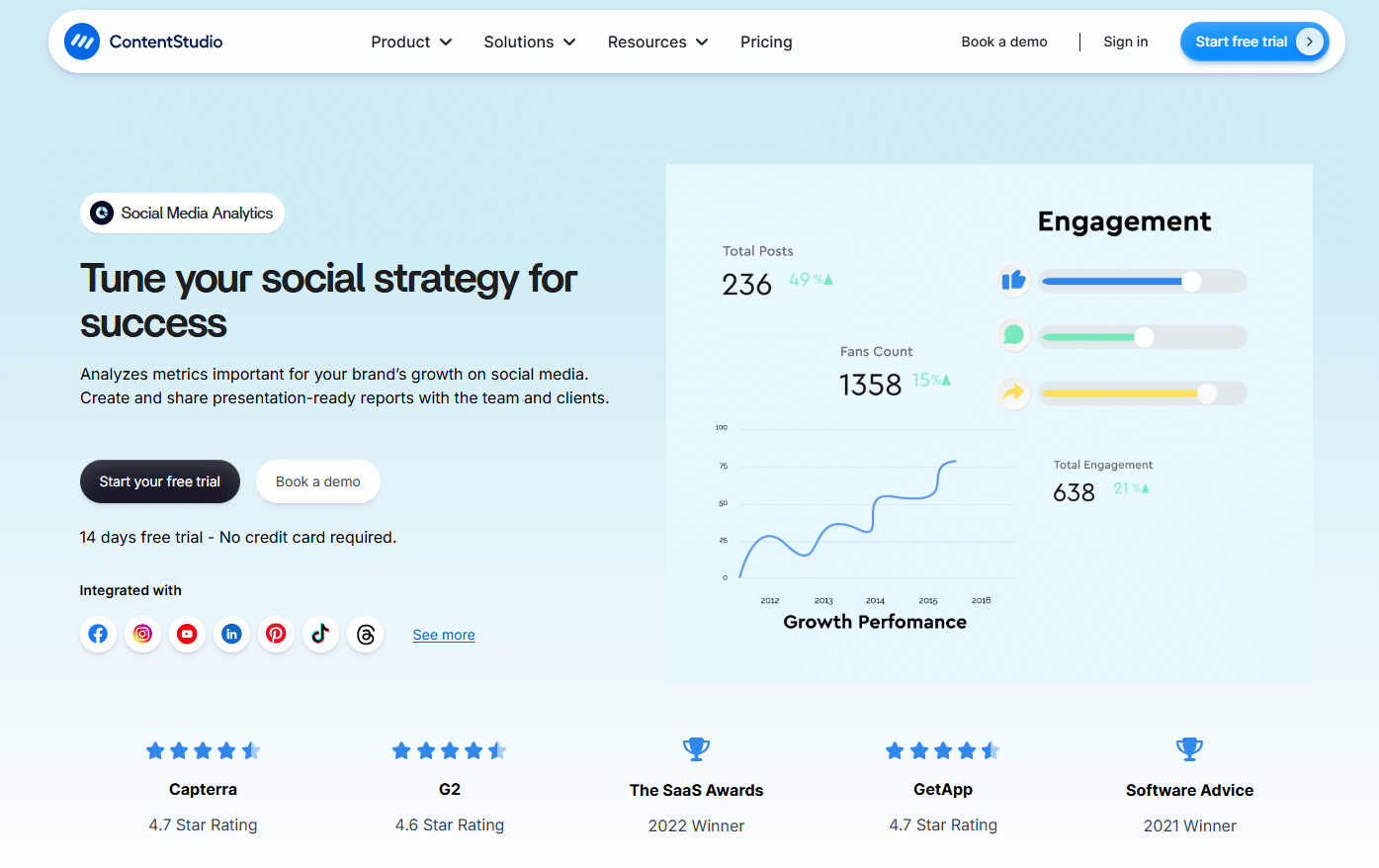 ContentStudio landing page showcasing multi-platform social media analytics, including growth performance, engagement metrics, total posts, and reviews.