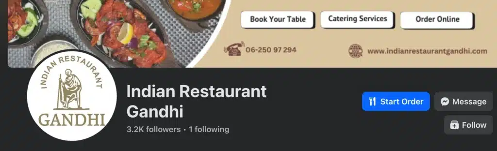 Facebook page for Indian Restaurant Gandhi with logo, cover photo of Indian dishes, and buttons to book a table, order online, or message the restaurant