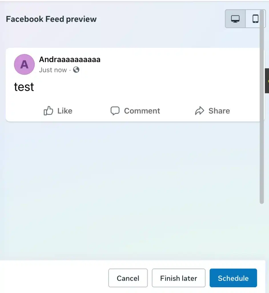 Meta Business Suite preview of a Facebook post with the word “test,” showing like, comment, and share buttons, and options to Cancel, Finish later, or Schedule at the bottom.