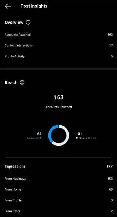 Instagram post insights showing 163 accounts reached, 17 content interactions, and 5 profile activities. Reach includes 62 followers and 101 non-followers. Impressions total 177, with 103 from hashtags, 69 from home, 3 from profile, and 2 from other sources.