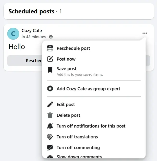 Scheduled posts section on Facebook showing upcoming Facebook group posts with scheduling details.