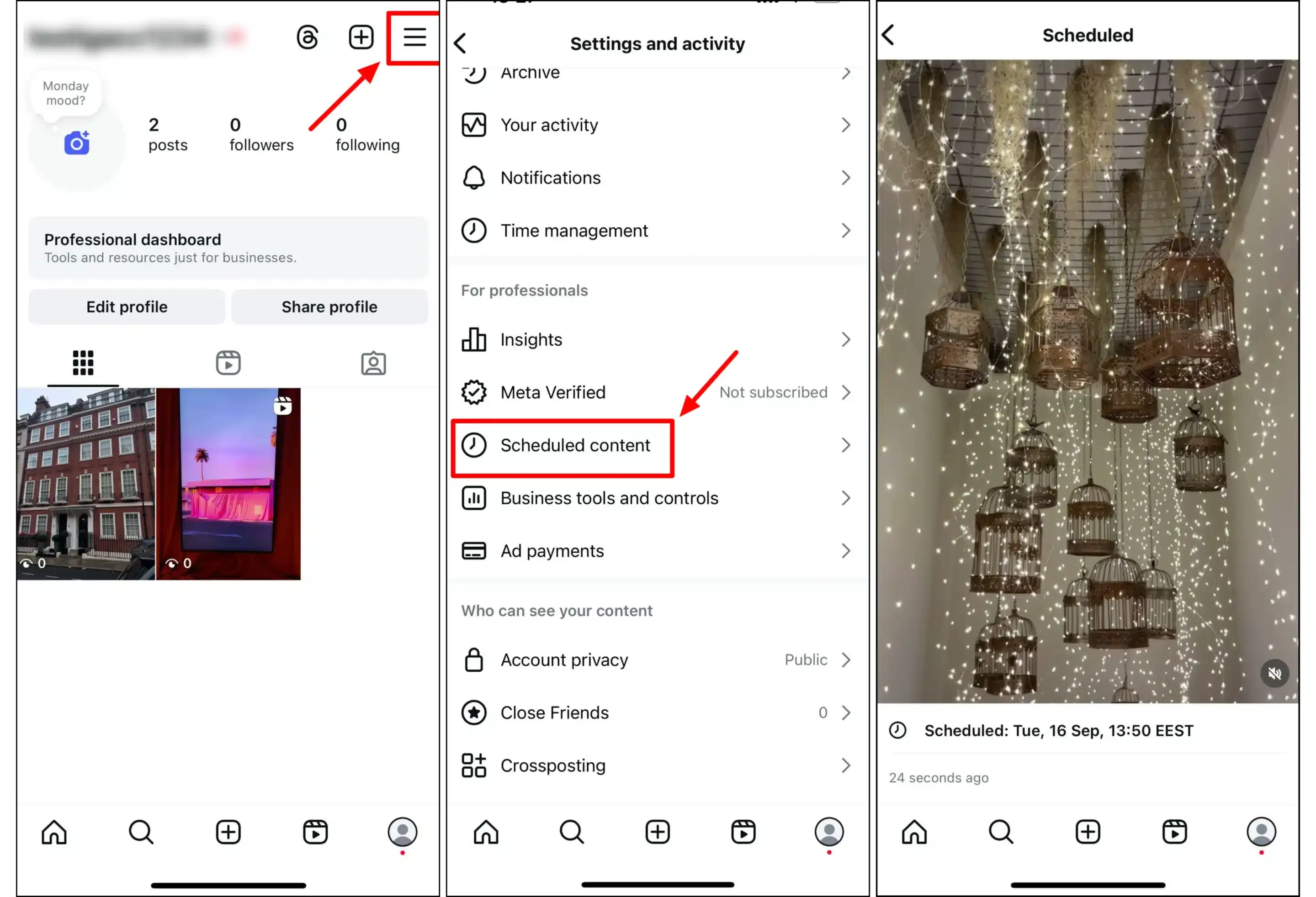 Instagram app screenshots showing how to access and manage scheduled content from the "Settings and activity" menu.