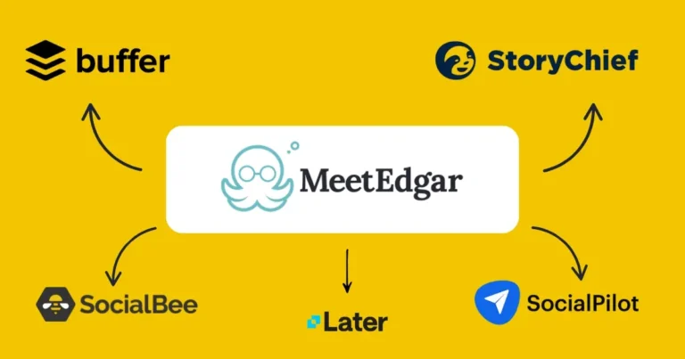 Graphic showing MeetEdgar logo in the center with arrows pointing to alternative social media scheduling tools: Buffer, StoryChief, SocialBee, Later, and SocialPilot.