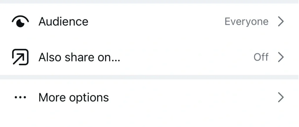 Instagram scheduling screen showing options for Audience, Also share on, and More options.