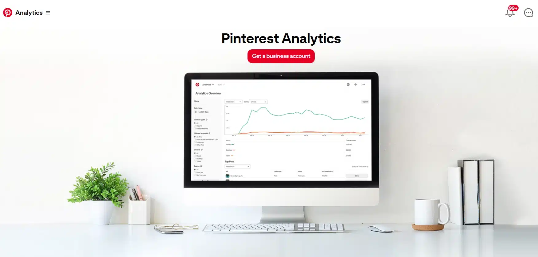 Pinterest Analytics dashboard displayed on a desktop monitor, showing performance graphs and metrics such as impressions and top-performing pins, with a call-to-action button above reading “Get a business account.”