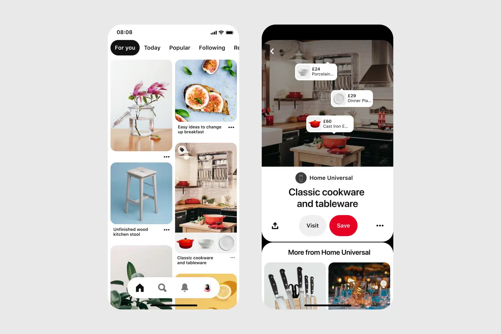 Pinterest mobile interface showing tagged products in a kitchen pin titled “Classic cookware and tableware” by Home Universal, with prices displayed for porcelain bowls, dinner plates, and a red cast iron pot.