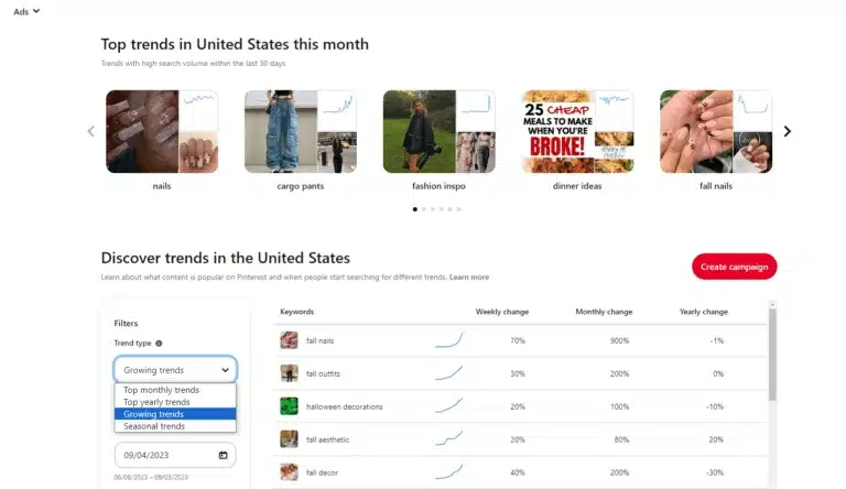 Pinterest trends dashboard showing top trending keywords in the United States, including “fall nails,” “cargo pants,” and “fashion inspo,” with a graph of weekly, monthly, and yearly changes.