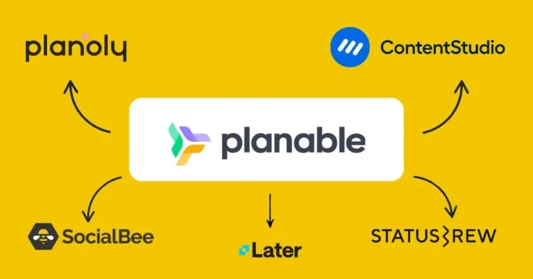 Gráfico comparativo que muestra a Planable en el centro con flechas que apuntan hacia y desde herramientas alternativas de medios sociales: Planoly, SocialBee, Later, ContentStudio y Statusbrew sobre un fondo amarillo.