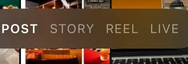 Instagram post type selector with options: Post, Story, Reel, and Live.