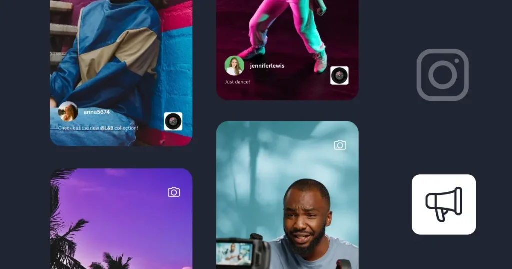 Grid of Instagram Reels showcasing diverse creators: one promoting a fashion collection, one dancing, one filming a vlog, and one showing a tropical sunset.