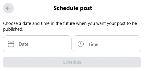 Facebook scheduling screen with fields to select a date and time for publishing a post in a group.