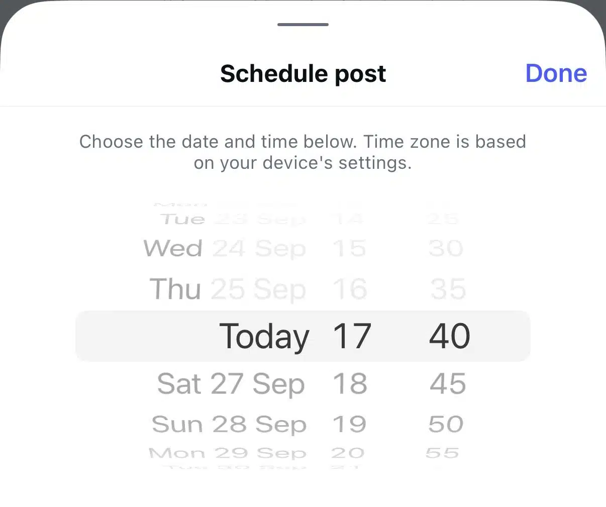 Instagram schedule post screen with a date and time selector showing “Today 17:40.”