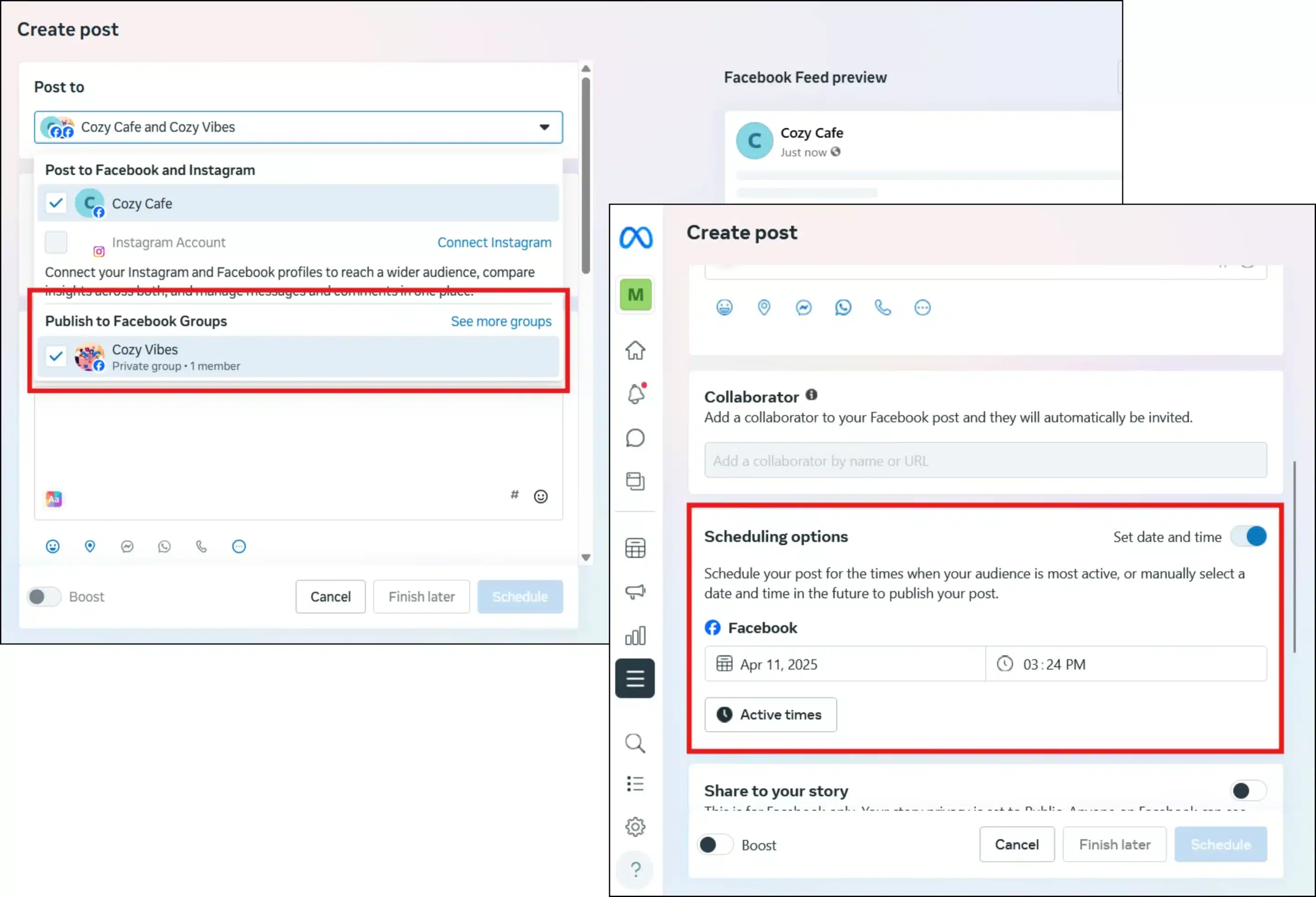 Meta Business Suite desktop showing scheduling options to set the date and time for a Facebook post.