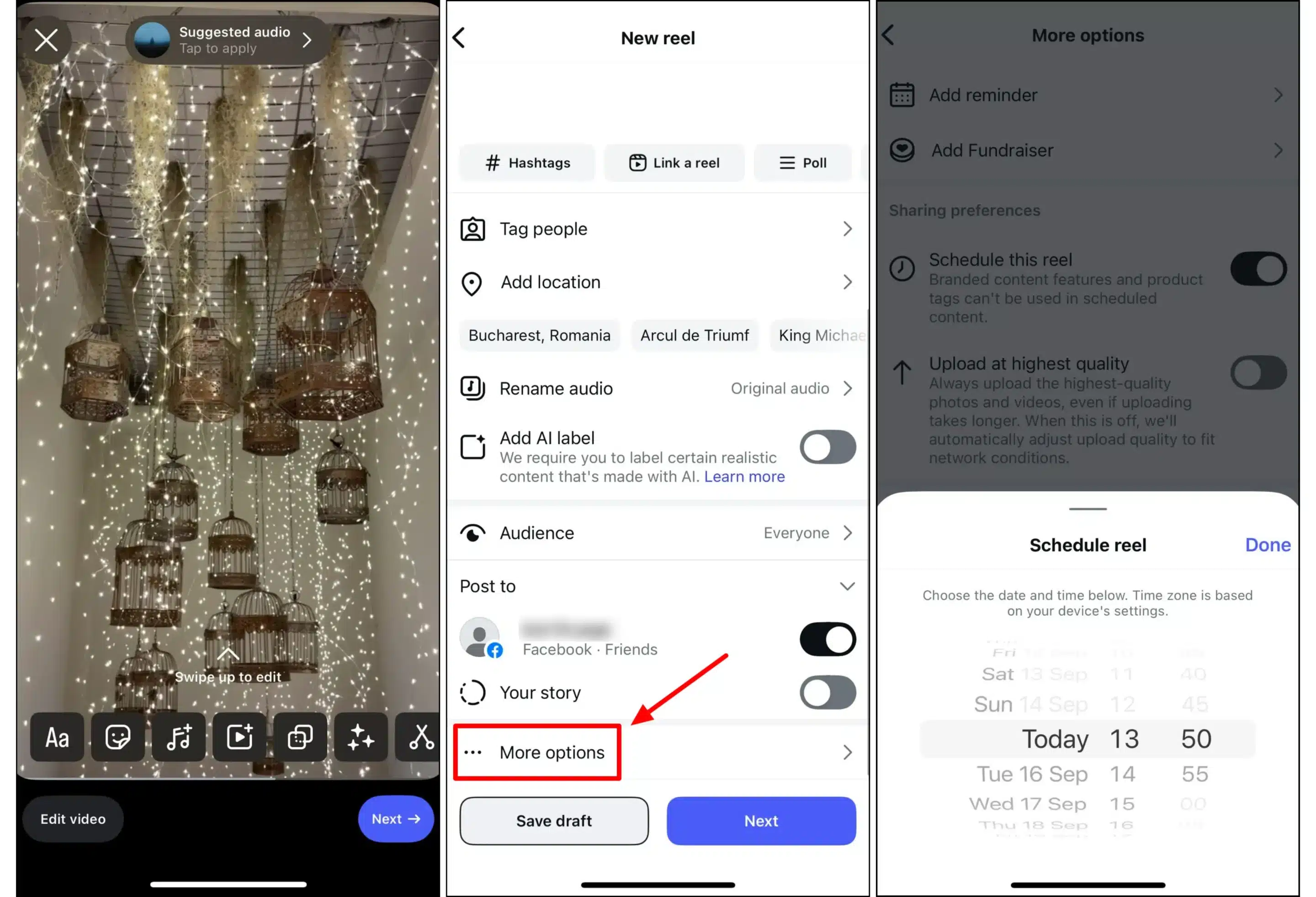 Instagram interface walkthrough showing steps to schedule a Reel, from choosing the video to tapping More Options and choosing the date and time for the Reel.