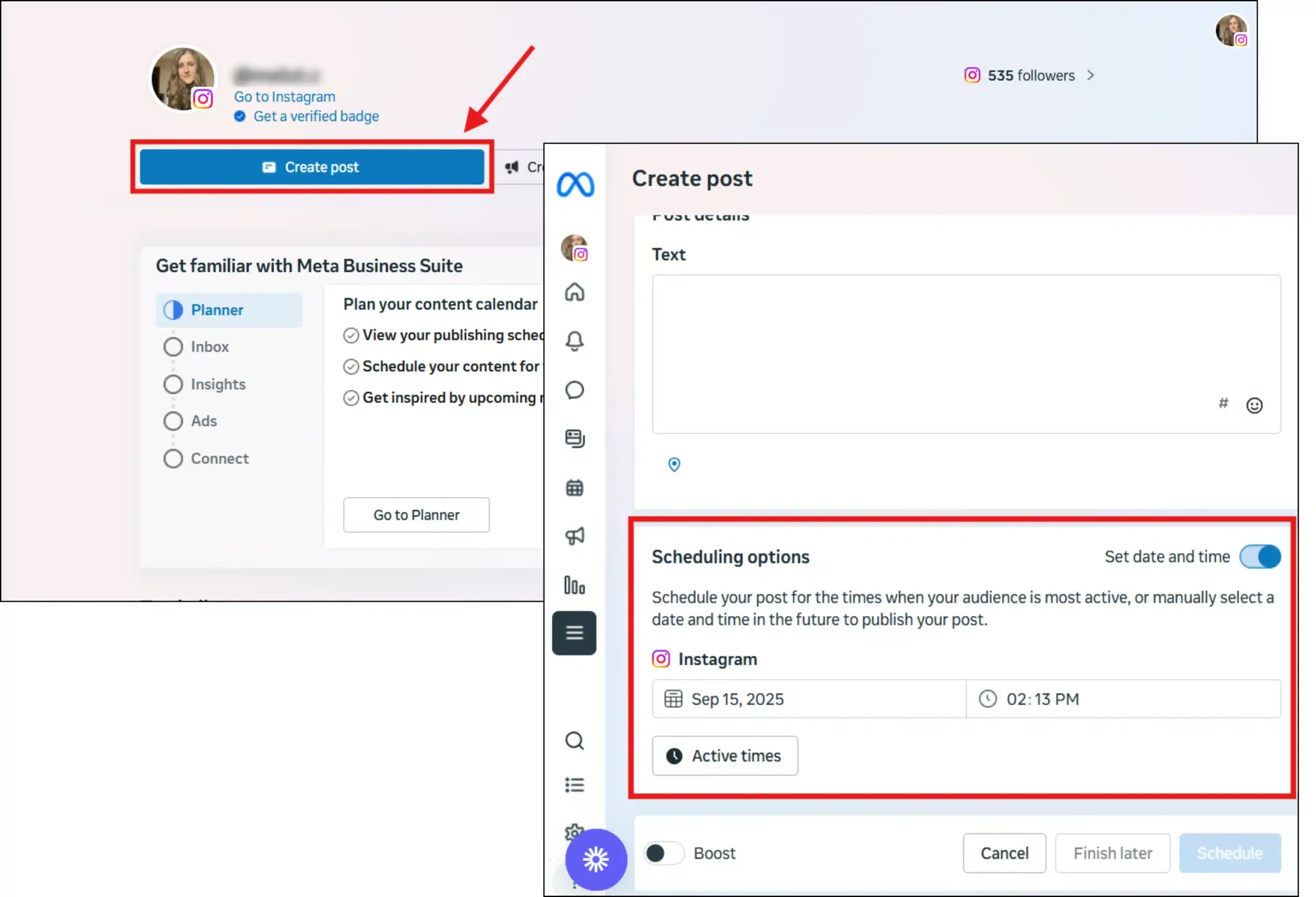 Meta Business Suite dashboard for desktop showing how to schedule an Instagram post by selecting date, time, and audience.