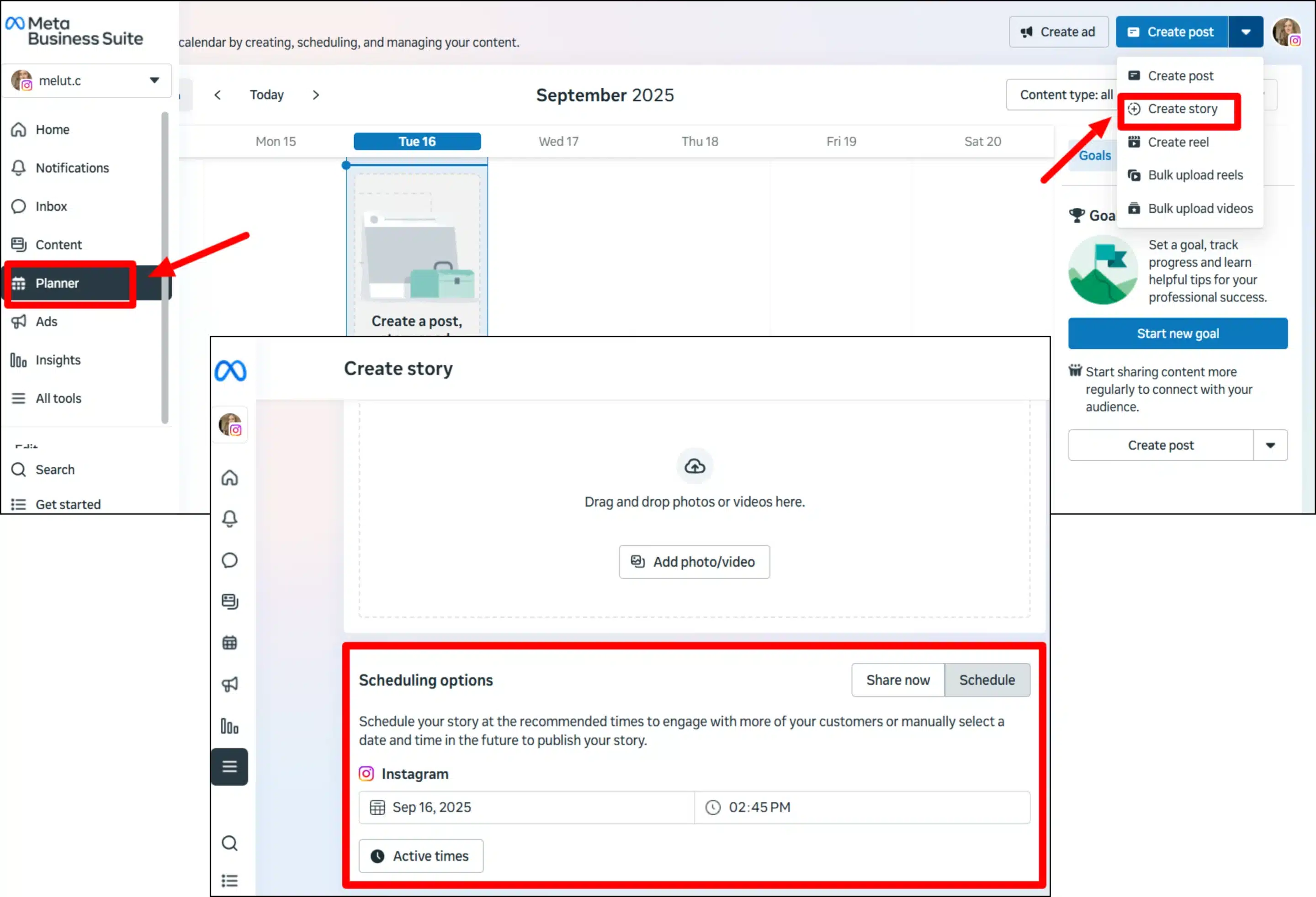 Captura de pantalla de Meta Business Suite que muestra cómo programar una Historia de Instagram seleccionando 