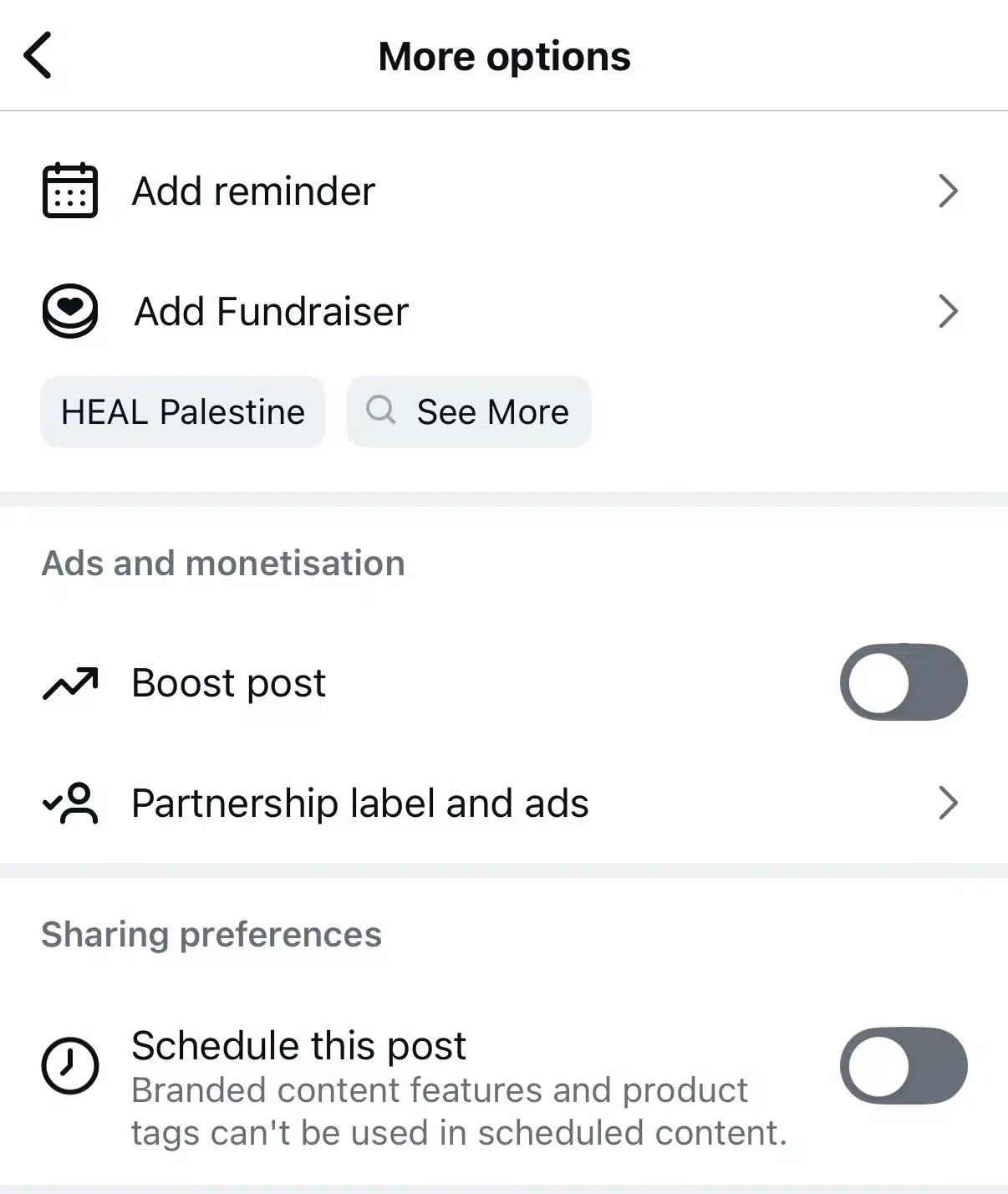 Instagram More Options menu showing Add reminder, Add Fundraiser, Ads and monetisation with Boost post toggle, Partnership label, and a Schedule this post toggle.