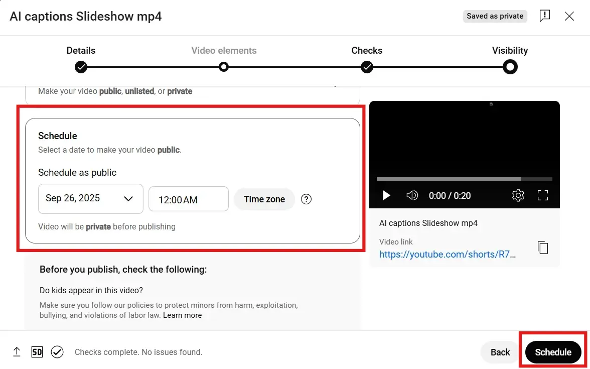 YouTube Studio scheduling interface showing a video set to be published on September 26, 2025, at 12:00 AM, with the scheduling section and "Schedule" button highlighted.