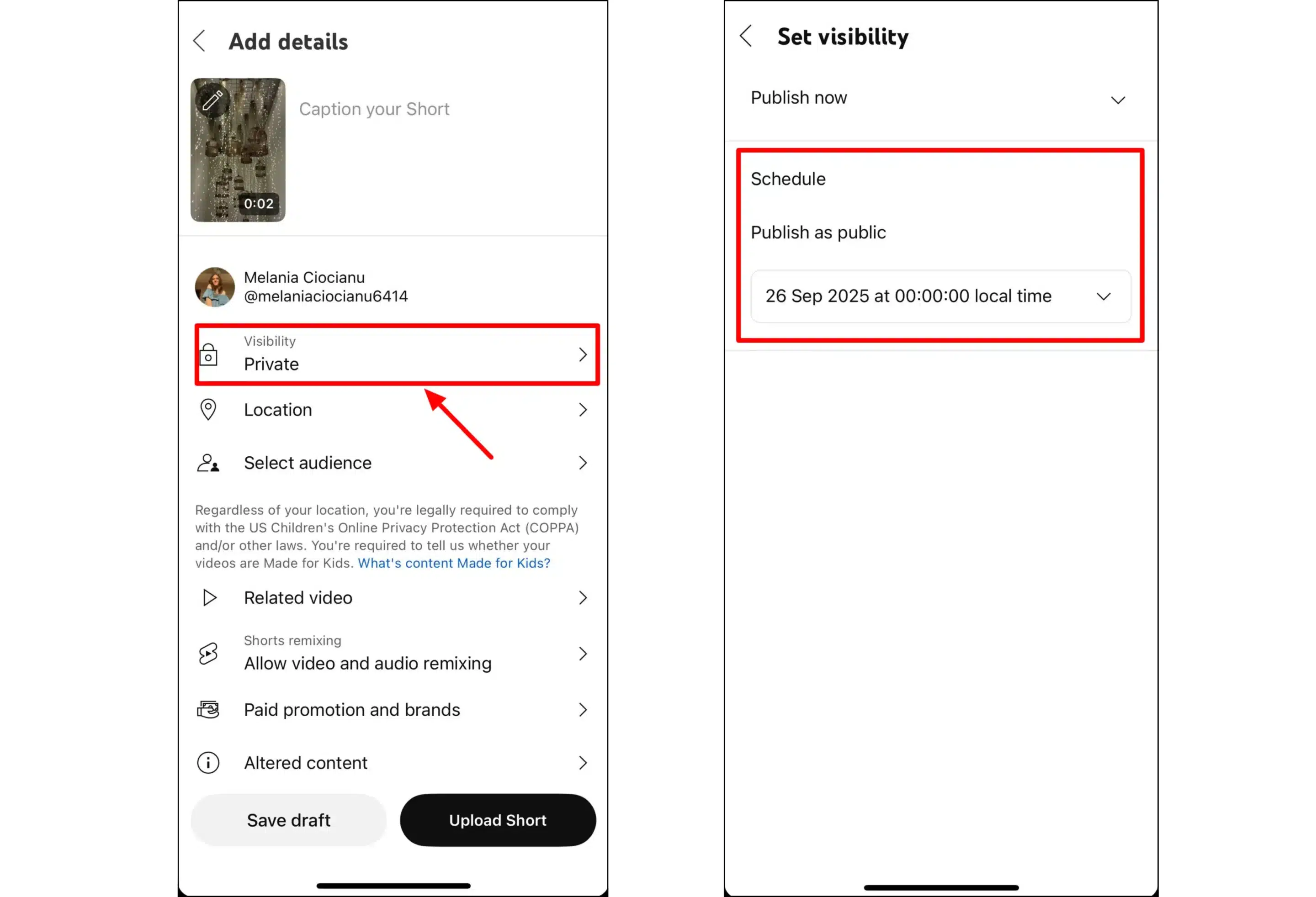 YouTube Shorts mobile upload interface showing the "Add details" screen on the left with "Visibility: Private" highlighted, and the "Set visibility" screen on the right displaying a scheduled public release for September 26, 2025, at midnight local time.