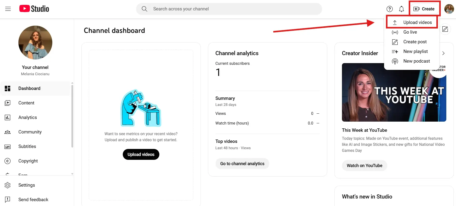 YouTube Studio dashboard showing how to upload videos, with a red arrow pointing to the "Create" button and the "Upload videos" option highlighted from the dropdown menu.