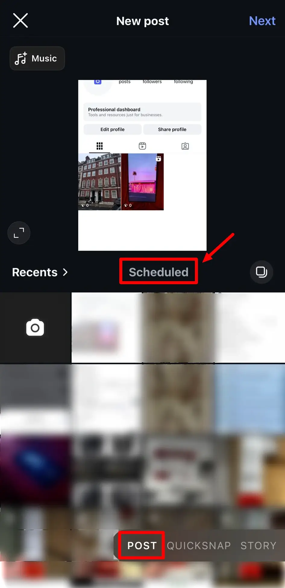 Instagram’s post creation screen with the “Scheduled” folder selected, highlighting saved posts ready for future publishing.