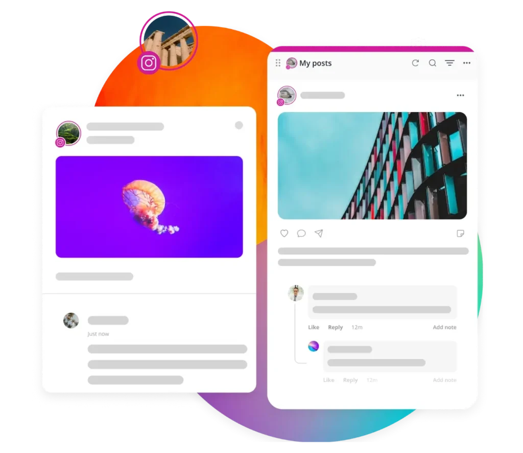 SocialBee’s Instagram scheduling feature showing two post previews with images and comments, highlighting the ability to schedule the first comment.