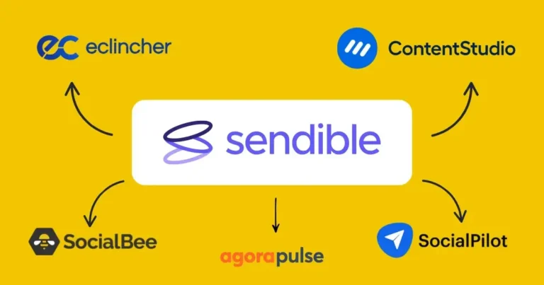 Graphic showing Sendible in the center with arrows pointing to alternative social media management tools: SocialBee, Agorapulse, SocialPilot, ContentStudio, and eClincher.