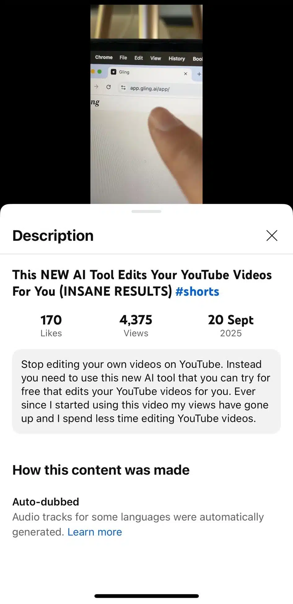 Mobile screen showing a YouTube Shorts video description about an AI video editing tool, with a hand pointing at the Gling website tab and stats displaying 170 likes, 4,375 views, and a publish date of September 20, 2025.
