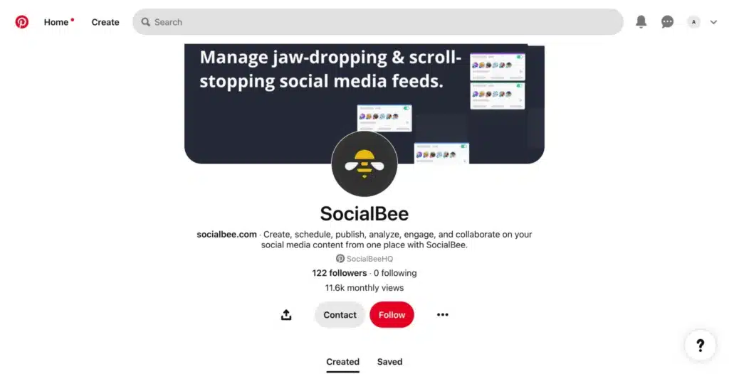 Pinterest profile for SocialBee showcasing their banner that reads “Manage jaw-dropping & scroll-stopping social media feeds,” with account stats showing 122 followers and 11.6k monthly views.