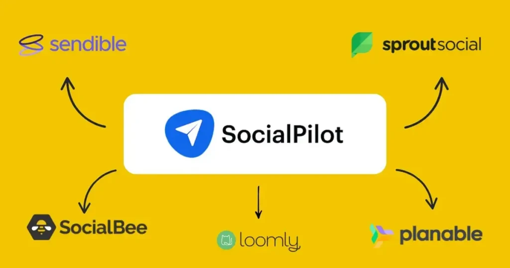 Graphic showing SocialPilot in the center with arrows pointing to its top alternatives: SocialBee, Planable, Sendible, Loomly, and Sprout Social.