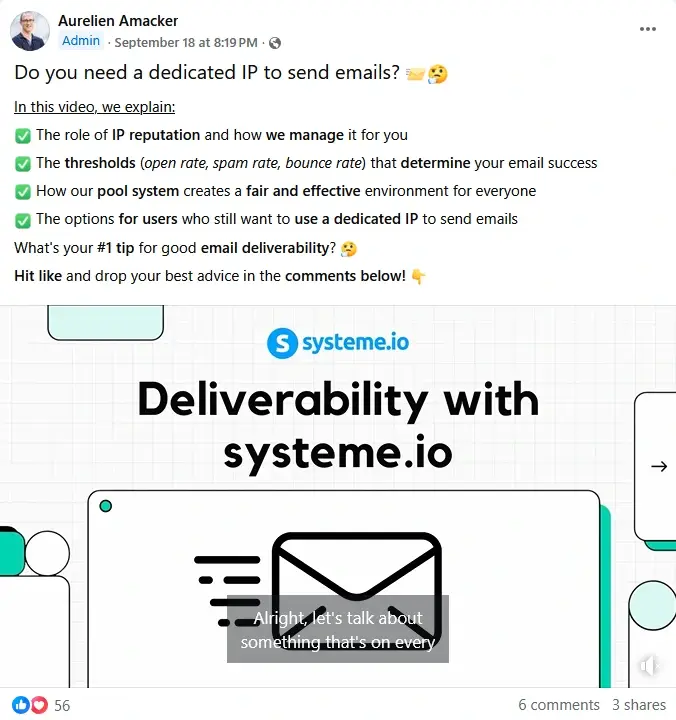 Facebook post from systeme.io explaining email deliverability factors like IP reputation, thresholds, pool system, and dedicated IP options.