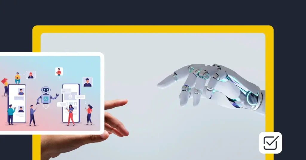 Illustration showing a robotic hand reaching toward a human hand, symbolizing human-AI collaboration. Inset shows people interacting with AI chatbots on digital screens