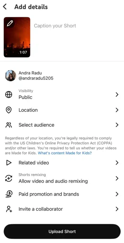 YouTube Shorts upload screen on mobile showing options to add a caption, select audience, location, visibility, related video, remixing permissions, and collaborators before uploading.