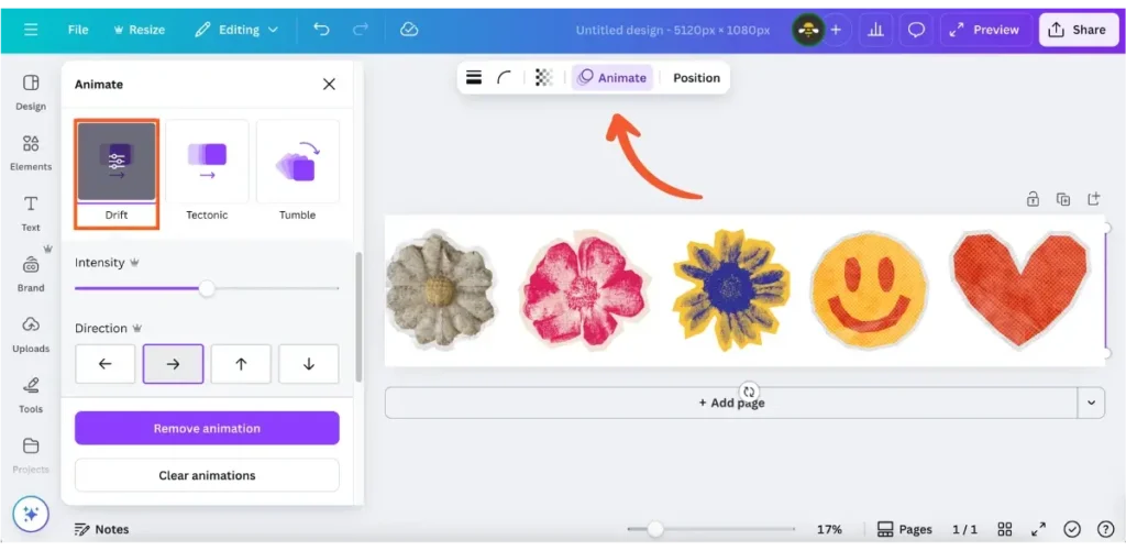 Canva’s animation panel showing the “Drift” animation option selected for a row of colorful flower and heart graphics. The interface highlights animation intensity, direction controls, and a purple “Remove animation” button, with an orange arrow pointing to the “Animate” tab.